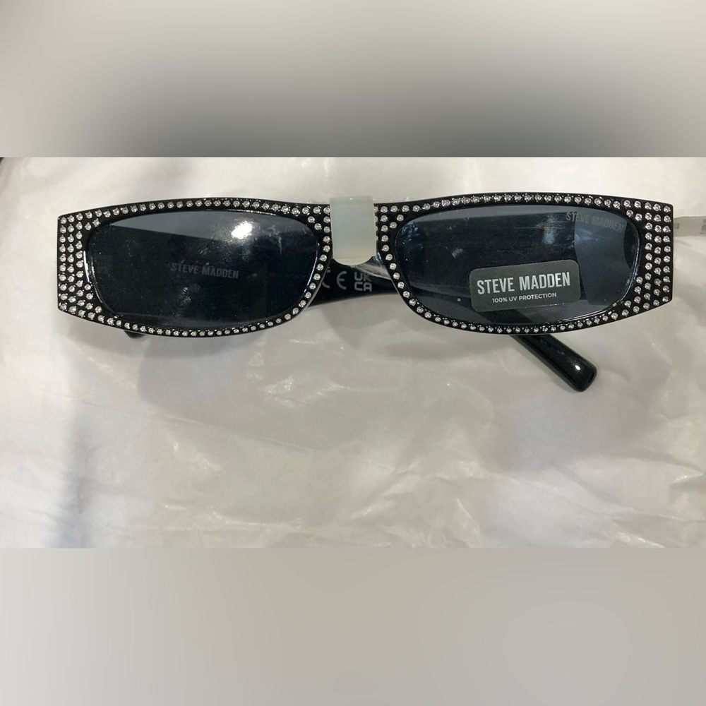 Steve Madden Selkie black rhinestone bedazzled bling rectangle frame sunglasses